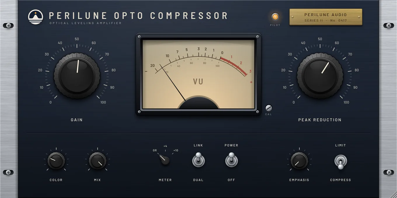 Perilune Opto Compressor: a cream VU meter between large Gain and Peak Reduction knobs, with Color, Mix, Meter, Link, Power, Emphasis and Limit controls below