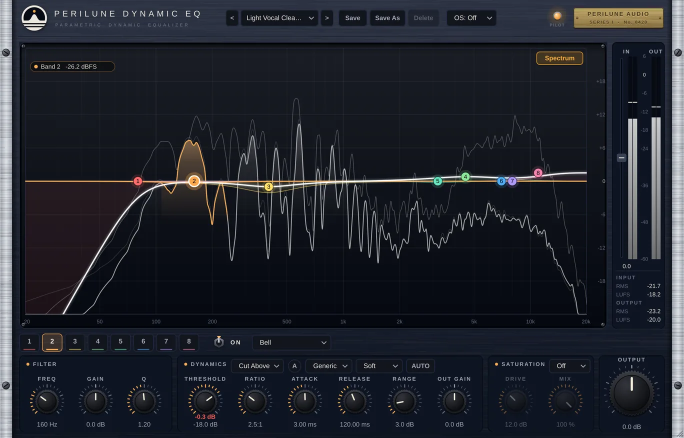 Perilune Dynamic EQ: a frequency curve with eight numbered bands over a live spectrum, with filter, dynamics and saturation controls below