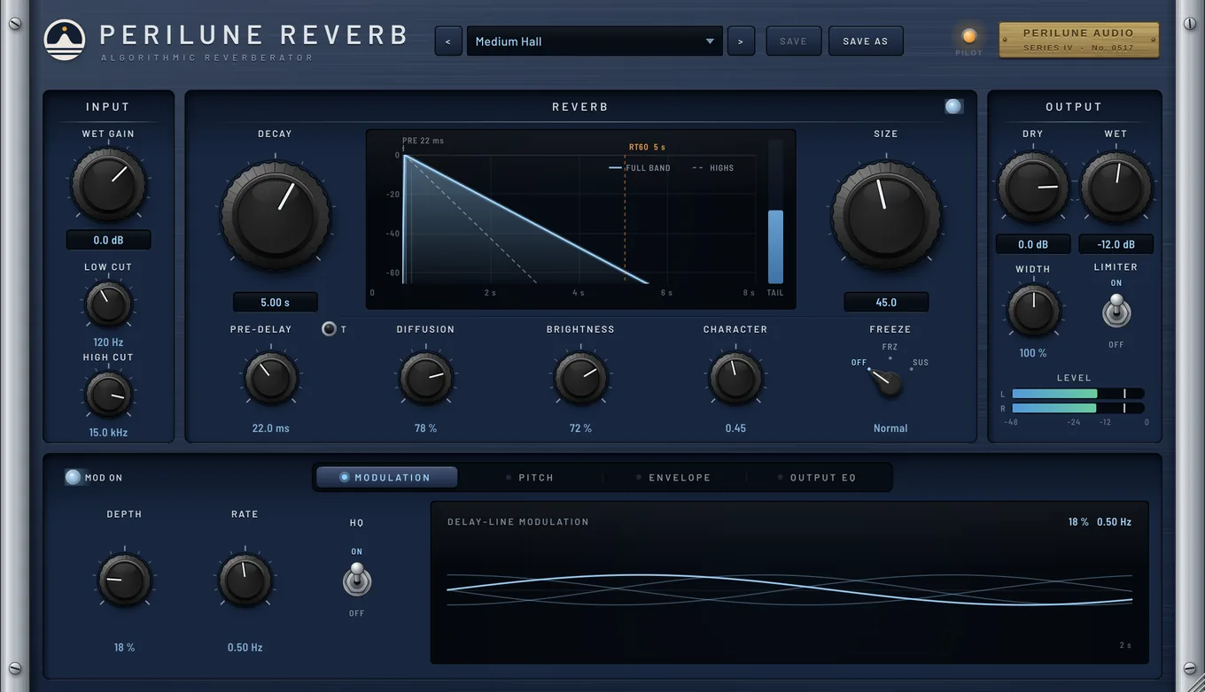 Perilune Reverb: Input, Reverb and Output sections with a decay display, above Modulation, Pitch, Envelope and Output EQ pages